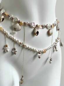 ROMWE 1pc Women's Beach Vacation Style Double Layer Baroque Pearl Shell Conch Tassel Waist Chain - Multicolor - View 4