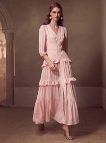 MOTF Soiréza FLOWY LANTERN SLEEVE LONG DRESS WITH WATER-SOLUBLE LACE - Pink - View 5