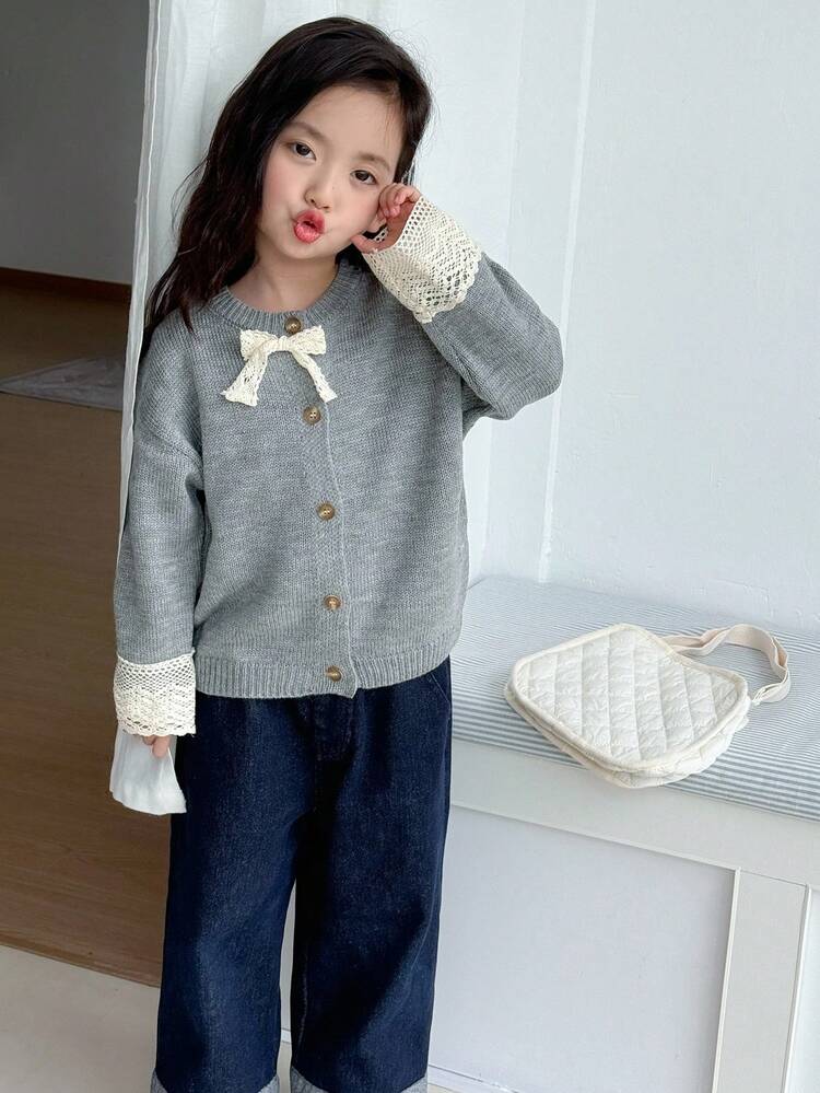 Young Girl Bowknot Decor Casual Cardigan With Dropped Shoulders Fall,Winter