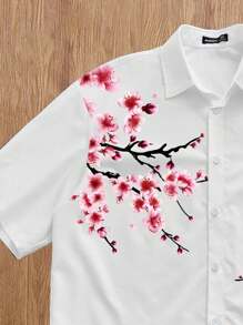 Manfinity Joysei 日式樱花印花休闲男士短袖 Polo 衫，常规版型 - 白色 - 查看 3