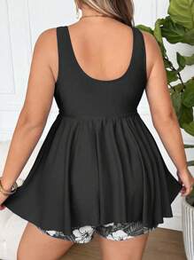 SHEIN CURVE+ Plus Size Women 2 Pieces Swimsuit, Floral Print Tankini Swimwear For Summer Vacation - Black - View 2