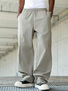 Manfinity Hypemode Pantaloni bărbătești, casual, lejeri, cu picior drept, culoare solidă, buzunare multiple cu talie cu șnur, potriviți pentru purtare în aer liber și zilnică, pantaloni de trening cu picior drept, cadou pentru iubit/soț