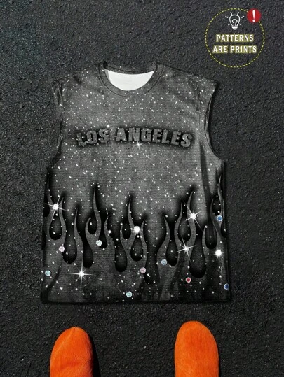 GENIUS ODE 男士闪光街头火焰和水钻印花圆领背心，夏季无袖衬衫图案洛杉矶图案背心男士图案背心