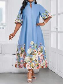 SHEIN Lady CURVE 春夏优雅通勤办公休闲波西米亚风休闲外出蓝色印花编织缎面V领舞会礼服主教袖A字连衣裙束腰连衣裙中长袖加大码连衣裙优雅女装优雅服装女士夏季服装女士夏季连衣裙白色连衣裙优雅优雅白色连衣裙，女士正式连衣裙 - 藍色 - 查看 3