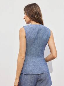 ATUI Studio Women's Casual Commuting Street Button-Front Sleeveless Pleated Pocket Elastic Waist Imitation Denim Texture Fabric Wide-Leg Linen  Vest Top Women, Business Casual Women,Office Outfits For Women,Office Wear Women, Blue Summer Top, Blue Crop Top,Going Out Tops Women,Old Money Style Women,Wedding Guest