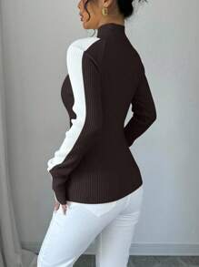 Selianne Suéter de punto minimalista con cuello alto y bloques de color, jersey de punto para otoño e invierno - Café integral - Ver 2