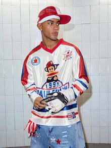 ROMWE MEN Paul Frank X ROMWE 男士卡通条纹撞色V领T恤，秋季长袖上衣 - 白色 - 查看 6