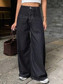 DAZY 女士口袋设计开衩宽松牛仔裤，休闲街头风长裤 - 深色水洗藍 - 查看 3