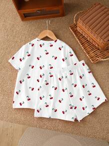 SHEIN Vintage Sport Cute Cherry Print, Mini Cherry Print, Summer , Tween Girls Casual Minimalist Short Sleeve Top And Shorts 2 Pieces Set, Suitable For Summer Cherry Clothes Cherry Two Piece Set Teen Girl Clothes Short Set 14y Girl Clothes Short Set Preppy Two Piece Set - Multicolor - View 3