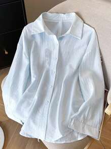 INAWLY Women's Casual Commuting Loose Fit Long Sleeve Shirt With Embroidered Butterfly Back Tie, Light Blue, Spring/Autumn