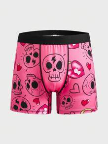 Rosa roliga dödskalle- och hjärtmönster herrmellanlånga boxershorts, Halloween - Rosa - Visa 1