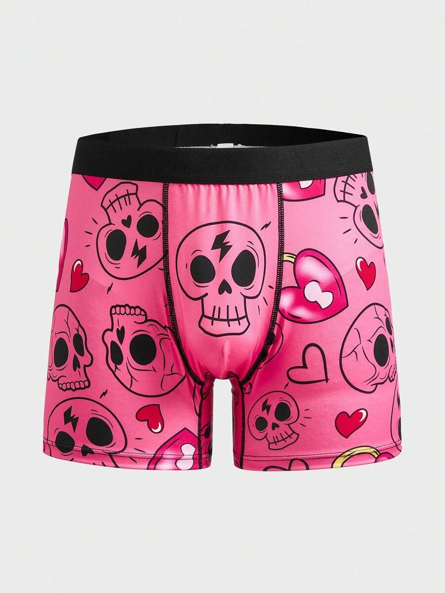 Rosa roliga dödskalle- och hjärtmönster herrmellanlånga boxershorts, Halloween - Rosa - Visa 1