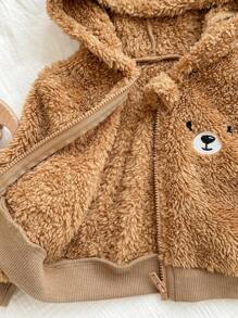 SHEIN Newborn Baby Girl Cute Brown Fuzzy Hooded Casual Jacket, Suitable For Autumn/Winter Baby Bear Jacket Baby Hooded Cardigan Baby Girl Cute Sweater Jacket Toddler Winter Jacket Baby Fuzzy Jacket Fall - Brown - View 7