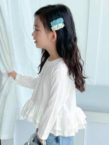 Dazy Kids 年轻女孩圆领长袖休闲荷叶边拼接宽松T恤