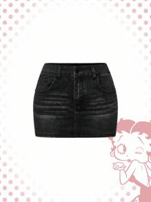 Betty Boop | ROMWE Y2K 复古虎纹紧身迷你牛仔裙 - 黑色 - 查看 3