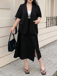 Dazy Plus 2件套女士加大码商务休闲纯色翻领西装外套和直筒裙 - 黑色 - 查看 5