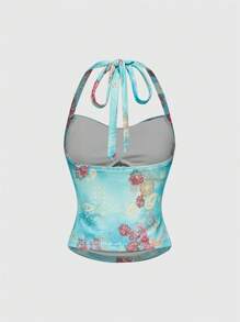 ROMWE Hippie, Cashew Flower, V-Neck Abstract Bowknot, Women's Tank Top - Green - View 2