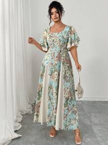 Modelyn Váy chữ A hai lớp tay lửng họa tiết tie-dye màu xanh lam cỡ lớn cổ vuông chắp vá màu mơ - Nhiều màu - Xem 6