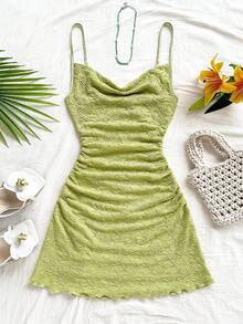 Soleia Váy ngắn hở lưng, cổ nhún bèo, dây mảnh, màu vàng nhạt, thích hợp cho ngày lễ, hẹn hò, ngày lễ tình nhân, trà chiều, kỳ nghỉ, lễ hội âm nhạc, phong cách Bohemian - màu xanh lá - Xem 6