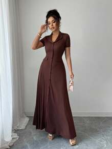 SHEIN Elenzya 优雅通勤棕色翻领纽扣装饰A字后背蝴蝶结短袖连衣裙（女款） - 棕色 - 查看 5