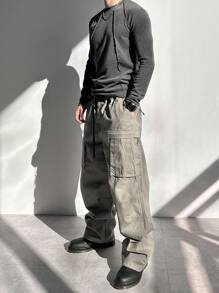 DAZY 男士纯灰色修身纹理面料 T 恤，秋季长袖男士衬衫男士休闲装 - 灰色 - 查看 3