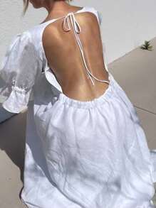 INAWLY 女士时尚休闲复古简约优雅浪漫性感露背纯色连衣裙