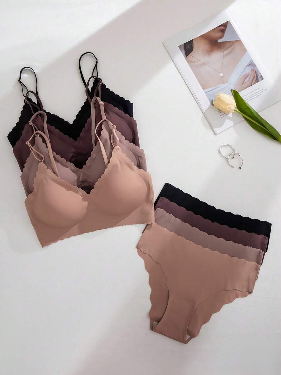 8件套舒适波浪边果冻胶带可拆卸文胸无缝内衣套装 - 彩色 - 查看 1
