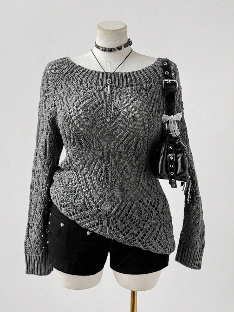 Áo len chui đầu họa tiết kim cương rỗng cỡ lớn dành cho nữ, phù hợp với trang phục nghỉ dưỡng mùa xuân, mùa hè, mùa thu - Xám - Xem 1