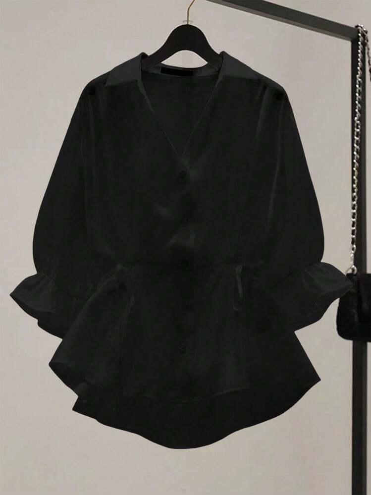 Franclia 女性用エレガントカジュアル ウエストタイ カフスリーブ オープンフロントシャツ 大学向け - ブラック - 見る 1