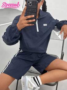 Girls'Navy Blue Autumn Long-Sleeve Windbreaker Set With Shorts,Fashionable Minimalist Stylish Look,Cow Boy Vacation Youthful Vitality Outfit - Royal Blue - View 7
