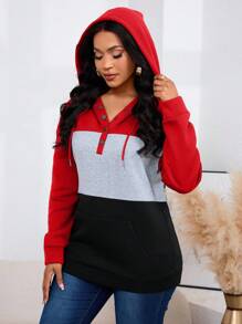 Women's New Contrast Color Patchwork Hooded Single-Breasted Drawstring Pullover Casual Sports Fitted Curve-Flattering Long Sleeve Half-Zip Sweatshirt With Pockets, Fleece Lined - Multicolor - View 5