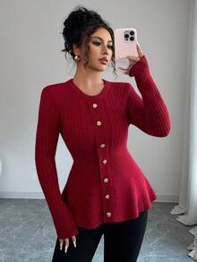 Elenzga Damen Neuer Herbst/Winter Rundhals Pullover mit Metallknopf Dekor, Rüschen-Saum, eleganter Slim Fit, vielseitig für Dates - Bordeaux - Übersicht 1