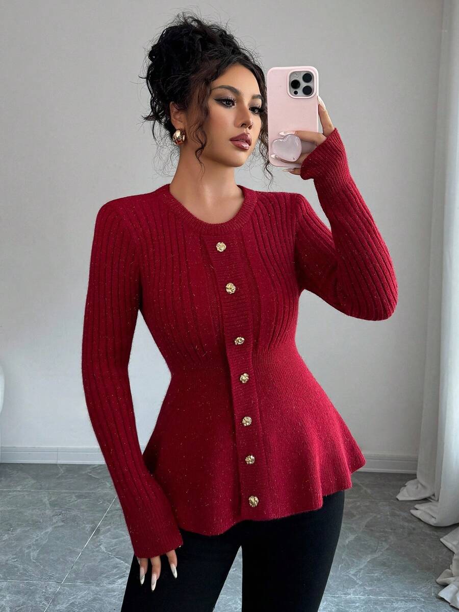 Elenzga Damen Neuer Herbst/Winter Rundhals Pullover mit Metallknopf Dekor, Rüschen-Saum, eleganter Slim Fit, vielseitig für Dates - Bordeaux - Übersicht 1