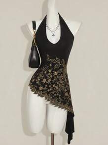 SHEIN ICON Áo bandeau thêu kim sa lấp lánh phong cách Bohemian mùa hè Y2K thời trang ngày lễ cho nữ, viền đen bất đối xứng, thời trang thu đông - màu đen - Xem 1