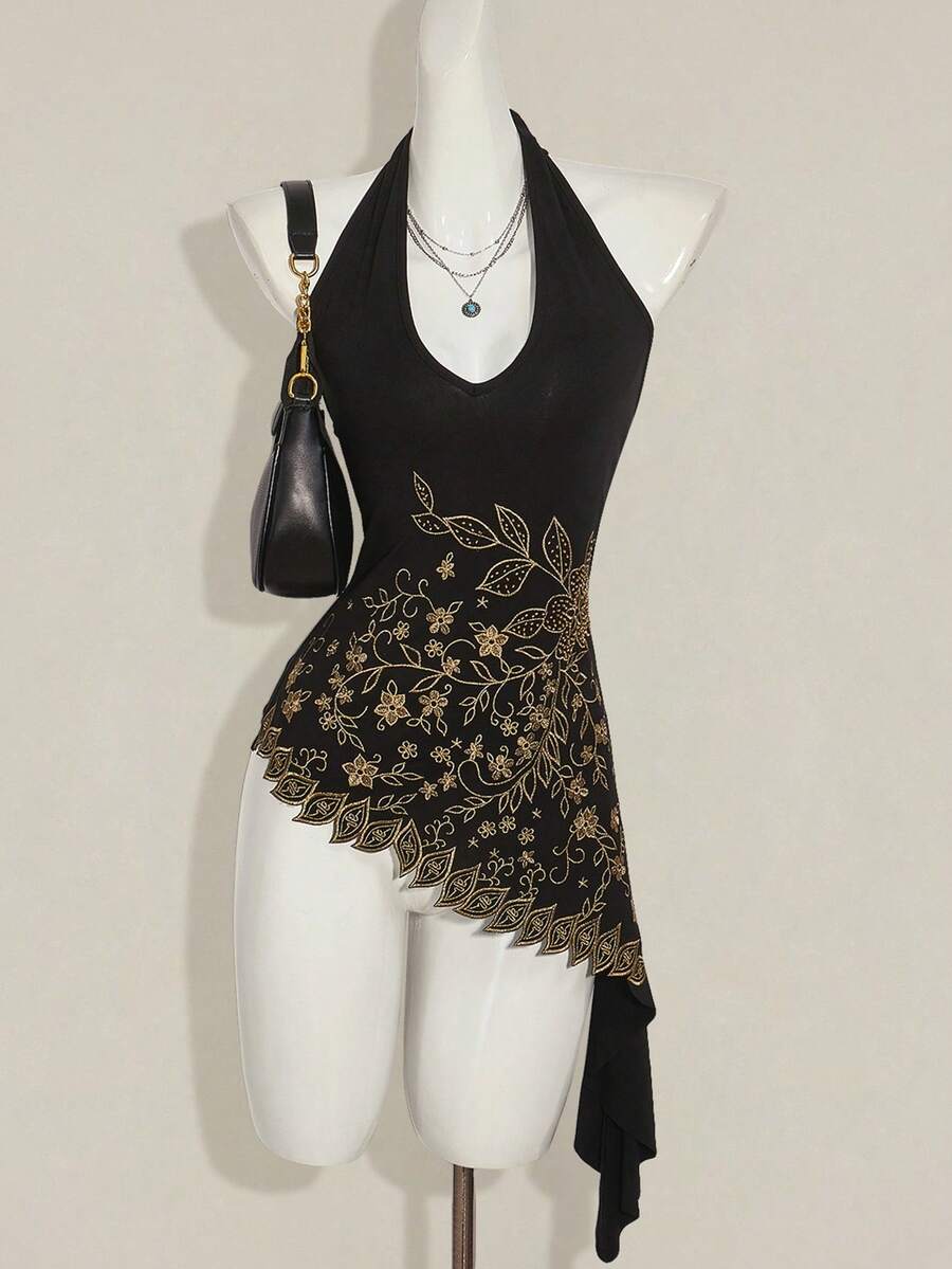 SHEIN ICON Áo bandeau thêu kim sa lấp lánh phong cách Bohemian mùa hè Y2K thời trang ngày lễ cho nữ, viền đen bất đối xứng, thời trang thu đông - màu đen - Xem 1