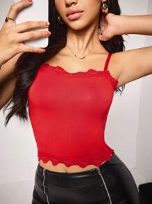 女式纯色红色撞色蕾丝短款吊带背心