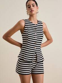 Airaco 女士休闲条纹吊带背心和短裤两件套，夏季 - 彩色 - 查看 7