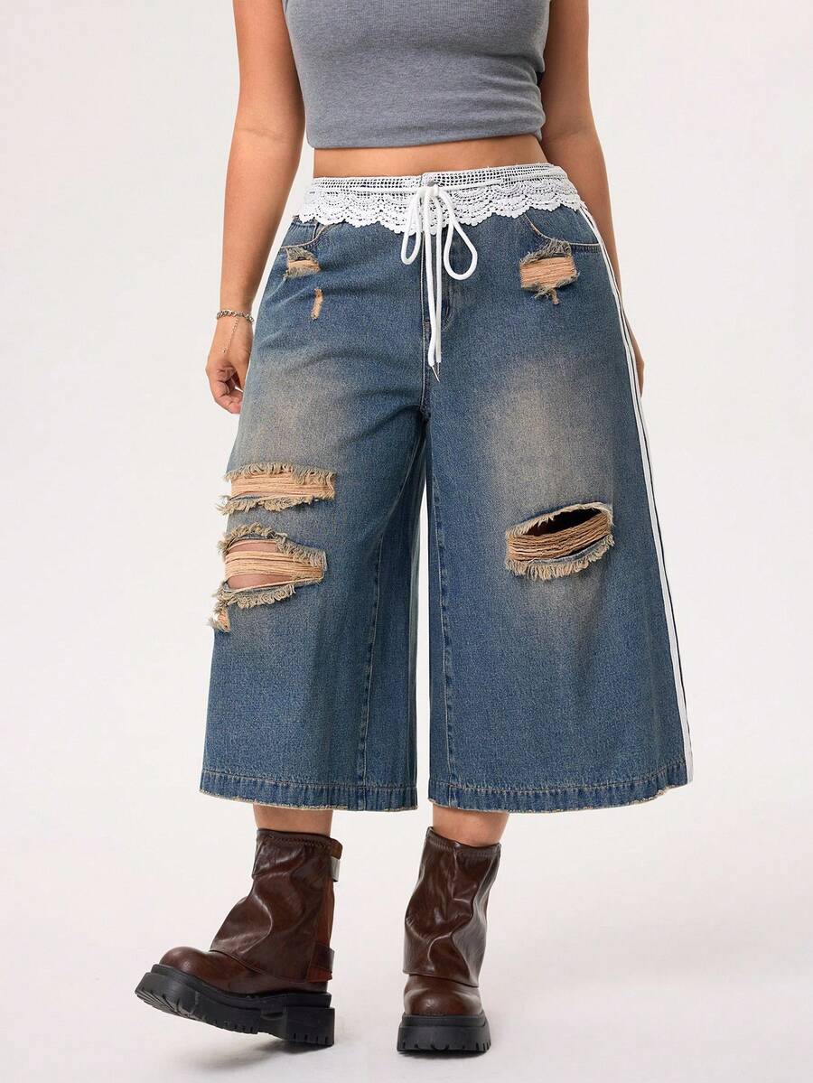 SHEIN EZwear Plus Size Denim Lace Patchwork Capri Pants, Stylish & Youthful - Medium Wash - View 1