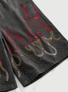 ROMWE MEN Street Life Men's Colorful Diamond Flame Pattern Denim Shorts - Grey - View 3