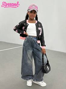 Tween Girls' Casual Everyday Contrast Trim Bow Print Button-Up Jacket Fall Winter - Black - View 6