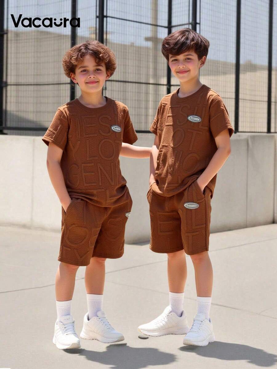 SHEIN Explorewe 2件套男童休闲圆领T恤配松紧腰运动短裤，针织