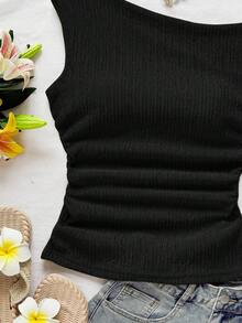 Soleia 女士度假杏色针织泡泡纹理面料不对称领带腰部修身上衣，适合派对、约会、城市街道、公路旅行、夏季海滩度假 - 黑色 - 查看 6