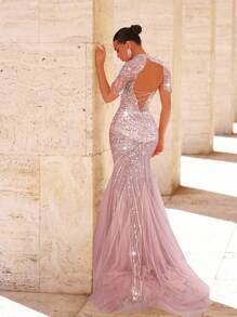 Glamrae Váy đuôi cá lưới đính cườm và sequin sang trọng thanh lịch với thiết kế tay tua rua, thích hợp cho đám cưới, tiệc tùng, vũ hội, tiệc tối (được trang trí nhiều chi tiết) - Bụi hồng - Xem 2