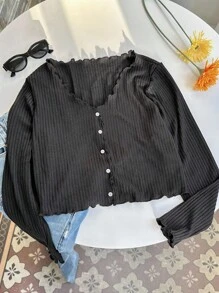 SHEIN EZwear Plus Lettuce Trim Button Front Tee - Black - View 4