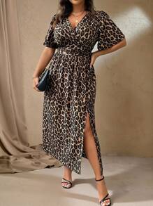 Roveilla Plus Size Women Leopard Print V-Neck Short Puff Sleeve Side Split Hem Fashionable Dress Maxi Women Outfit - Brown - View 4