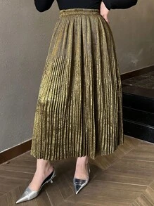 Dazy Plus Plus Size Elastic Waist Velvet A-Line Pleated Skirt, Elegant For Formal Events Fall Skirts - Khaki - View 4