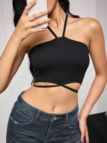 SuitURBody Women's Black Knitted High Stretch Halter Criss Cross Backless Plain Crop Top Casual Comfy Style - Black - View 5