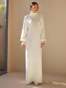 CLARA VERO Casual Turtle Neck Raglan Balloon Sleeve Solid Color Plain Pattern Oversize Loose Fit Cozy Warm Knitted Dress Button Detailed Cuffs Dress For Fall Winter For Women Outfits - Apricot - View 3