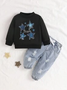 SHEIN 2pcs Baby Boys Sweatshirt + Jeans Set, Round Neck Black Star Print Long Sleeve Sweatshirt Paired With Casual Denim Pants, Fashionable Everyday Wear, Suitable For Autumn/Winter - Black - View 1