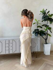 Jemour Lãng Mạn Ngày Phong Cách Spaghetti Dây Đeo Cổ Ôm Sát Đầm Có Viền Ruffle Trang Trí, Xuân/Hè - Màu be - Xem 2